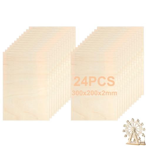 WOPPLXY 24 Stück Sperrholzplatte 2mm, 300 x 200 x 2mm Holzplatten zum Basteln, Holz Platten für Malerei, Dekorationen, Laserprojekte, DIY Modell von WOPPLXY