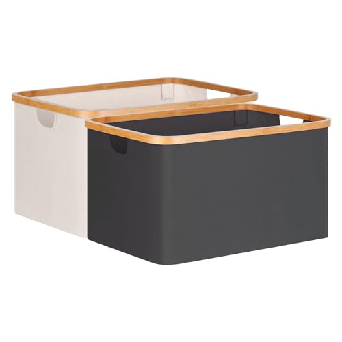 WOPPLXY 2er Set Wäschekorb Faltbar, 50L Klappbar Wäschewanne, 38 x 26 x 20cm Bambus Stoff Flach Wäschesammler Laundry Basket für Badezimmer Schlafzimmer (Grau und Beige) von WOPPLXY