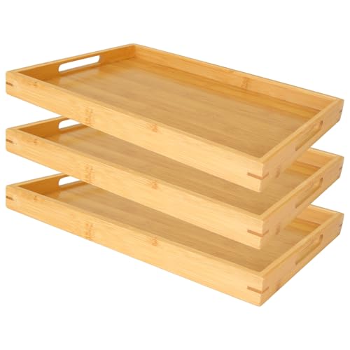 WOPPLXY 3er Set Tablett Serviertablett, 35 x 25 x 3 cm Küchentablett mit Griffen, Rechteckig Servierplatte aus Bambus für Esszimmer, Café, Küche von WOPPLXY