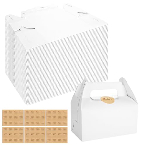 WOPPLXY 50 Stück Tortenkarton mit Aufklebern, 16,3 x 9,2 x 8,5cm Kuchenbox Pappe mit Tragegriff, Cupcake Box für das Verpacken und Transport von Kekse, Gebäck (Weiß) von WOPPLXY