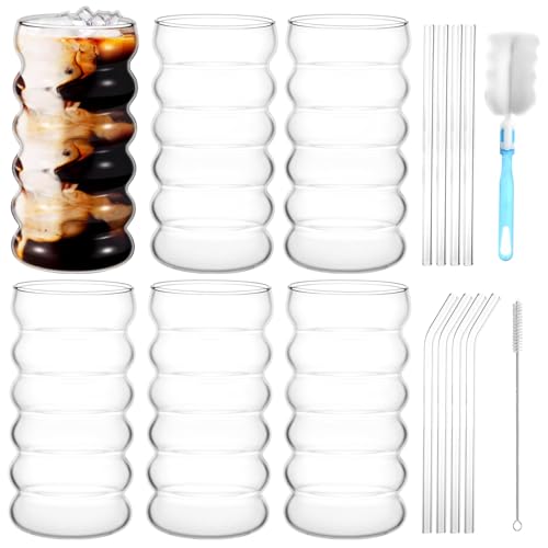 WOPPLXY 6 Stück Eiskaffee Gläser, 450ml Bubble Gläser mit Glasstrohhalme und Strohbürste, Transparent Glaser Geriffelt for Milk, Soda, Cola, Saft, Kaffee, Getränke von WOPPLXY