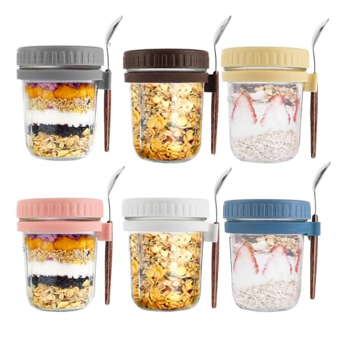 WOPPLXY 6 Stück Overnight Oats Behälter mit Löffel, 350 ml/12.31 oz Overnight Oats Gläser, Bunt Meal Prep Gläser für Salat, Joghurt, Pudding, Porridge von WOPPLXY