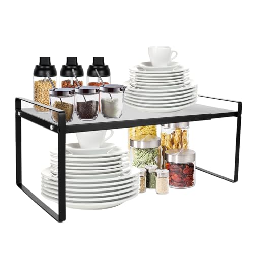 WOPPLXY Erweiterbarer Küchenschrank Organizer, 36-60 x 21 x 18 cm Verstellbarer Küchenregal Arbeitsplatte, Schwarz Metall Regaleinsatz für Küche Theken, Speisekammer und Badezimmer von WOPPLXY