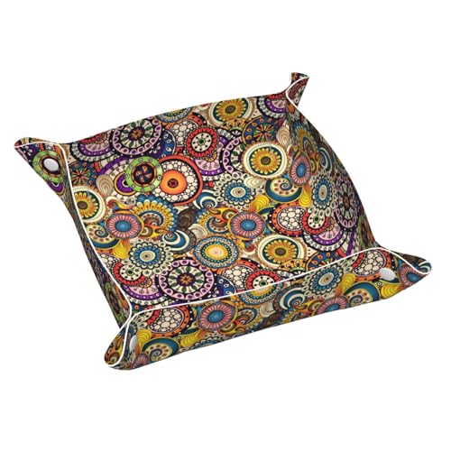 Ethnische Kreise Blumenmuster Leder Ablagetablett Elegant Luxus Schminktisch Nachttisch Dekoratives Tablett Caddy Box von WOPQS