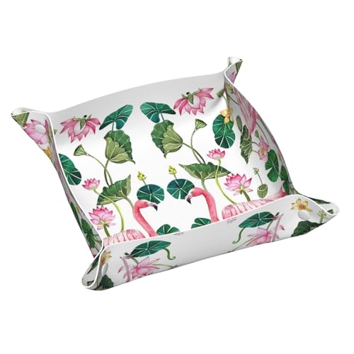 Flamingo Bird Runde Blätter Leder Ablagetablett Elegant Luxus Schminktisch Nachttisch Dekorative Tablett Caddy Box von WOPQS