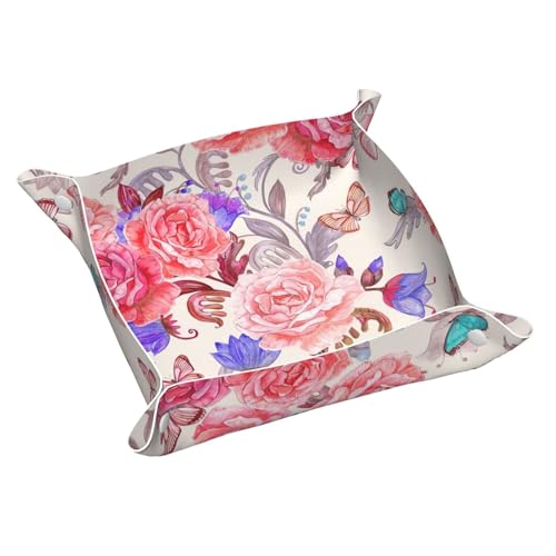 Flower Rose Butterfly Leder Ablagetablett Elegant Luxus Schminktisch Nachttisch Dekorative Tablett Caddy Box von WOPQS