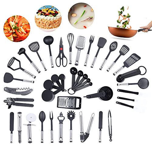 Küchenhelfer Set, Küchengerät 40 Stücke Silikon Kochgeschirr Set, Antihaft Hitzebeständiger Silikonspatel Set,Schwarz von WOQLIBE