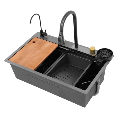 Küchenspüle Edelstahl - Moderne Einbauspüle In, mit Wasserfall-Wasserhahn Abtropfkorb Schneidebrett & Zubehör Nano-Beschichtung Unterbau/Einbau Gun-Grey (68CM) von WOQLIBE