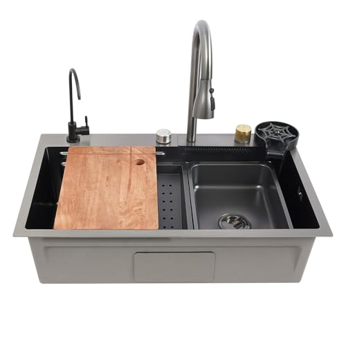 Küchenspüle Edelstahl - Moderne Einbauspüle In, mit Wasserfall-Wasserhahn Abtropfkorb Schneidebrett & Zubehör Nano-Beschichtung Unterbau/Einbau Gun-Grey (75CM) von WOQLIBE