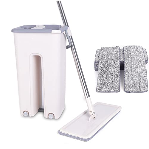 Mopp und Eimer Set Wischmopp Bodenwischer Flach Mopp Eimer Wischmopp und Putzeimer Set Zweikammer Nass Trockenmopps mit 10 Moppads von WOQLIBE