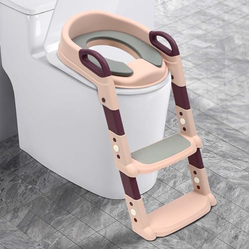 Toilettentreppe,Toilettensitz Kinder mit Treppe,Höhenverstellbar Faltbarer Kinder Toiletten Trainer,Toilettentrainer für Babys im Alter von 2-7 Jahren (Rosa) von WOQLIBE