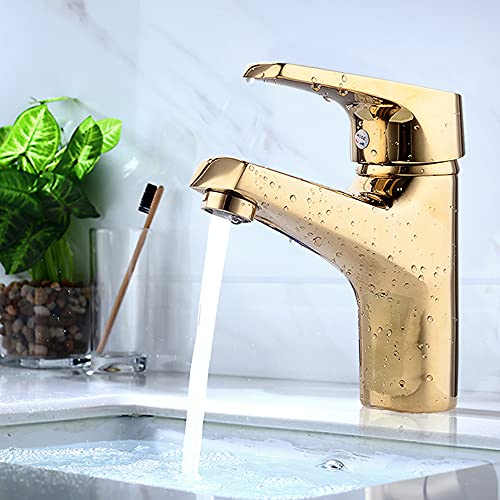 Waschtischarmatur Gold Einhebelmischer Wasserhahn Bad Waschbecken Hochdruckarmatur Waschtisch Armatur für Badezimmer Retro Mischbatterie Waschtischmischer Gold von WOQLIBE