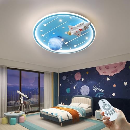 WOQuju LED-Deckenleuchte Dimmbare Deckenlampe Kinderzimmer Lampe Decke Mit Fernbedienung Licht Modern Star Flugzeug Mädchen Jungen Zimmer Kinderlampe Decke, Blau 57W von WOQuju