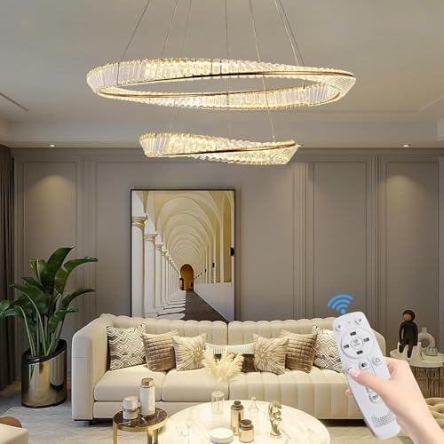 WOQuju Moderner LED mit Fernbedienung goldene 2 Ring Kristallleuchter, große luxuriöse Pendelleuchte Lange Kronleuchter für hohe Decken Treppenhaus Eingangsbereich Foyer Eingangsbereich Wohnzimmer von WOQuju