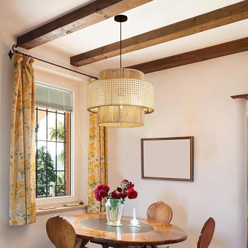 WOQuju Rattan Pendelleuchte,Handgemachte Rattan Wicker Bohemian Deckenleuchte Höhenverstellbar Rattan Kronleuchter Für Esszimmer Wohnzimmer Schlafzimmer Küche Bauernhaus(50cm) von WOQuju