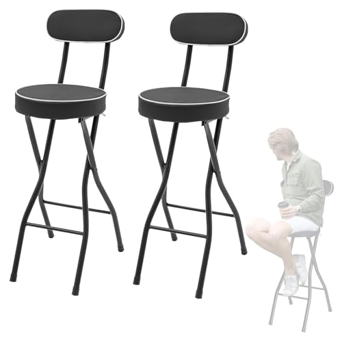 2 Stück Barhocker Klappbar Mit Lehne, Tragbarer Klapphocker Sitzhöhe 55 60 65 70 75cm, Runder Gepolsterter Frühstücksstuhl, Tragkraft 150KG, Schwarz/Weiß Faltbarer Barhocker(Black,H75cm) von WORDFUN