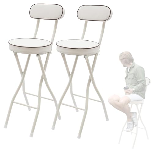 2 Stück Barhocker Klappbar Mit Lehne, Tragbarer Klapphocker Sitzhöhe 55 60 65 70 75cm, Runder Gepolsterter Frühstücksstuhl, Tragkraft 150KG, Schwarz/Weiß Faltbarer Barhocker(White,H55cm) von WORDFUN
