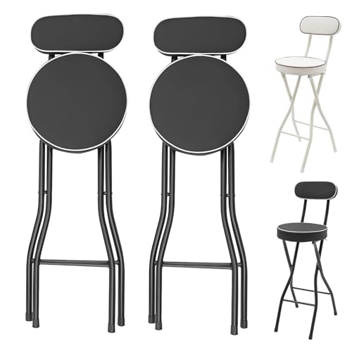 2er Set Barhocker Klappbar Mit Lehne, Hochstuhl Klappbar Stehhilfe, Tresenhocker, Sitzhöhe 55 60 65 70 75cm, Barstühle Mit Rückenlehne Und Fußstütze, Für Balkon, Garten, Terrasse(Black,H60cm) von WORDFUN