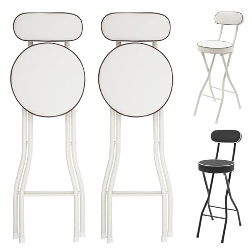 2er Set Barhocker Klappbar Mit Lehne, Hochstuhl Klappbar Stehhilfe, Tresenhocker, Sitzhöhe 55 60 65 70 75cm, Barstühle Mit Rückenlehne Und Fußstütze, Für Balkon, Garten, Terrasse(White,H65cm) von WORDFUN