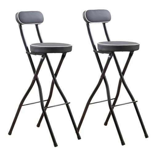 2er Set Faltbarer Barhocker Mit Lehne, Tragbarer Runder PU Gepolsterter Frühstückshocker, Outdoor Klapphocker, Belastbarkeit 150 Kg, Für Indoor Outdoor Küche Bars Bistro Camping(Black,H75cm) von WORDFUN