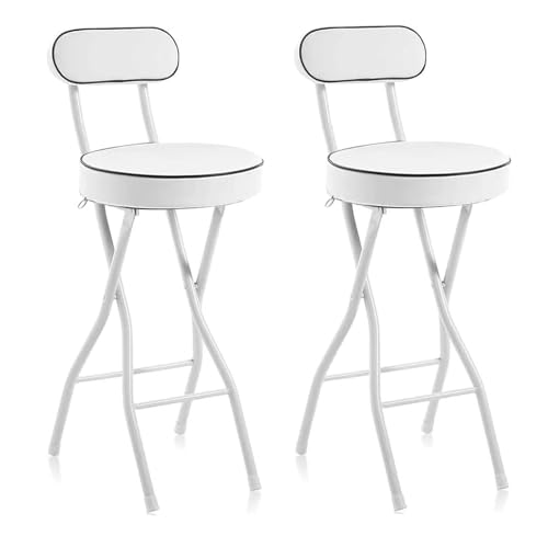 2er Set Faltbarer Barhocker Mit Lehne, Tragbarer Runder PU Gepolsterter Frühstückshocker, Outdoor Klapphocker, Belastbarkeit 150 Kg, Für Indoor Outdoor Küche Bars Bistro Camping(White,H65cm) von WORDFUN