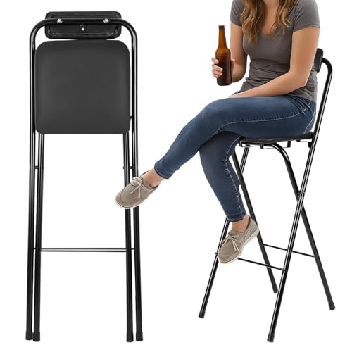 Barhocker Klappbar, Sitzhöhe 50/60/70/80/90cm, Runder Küche Frühstück Stuhl, Tragbarer Klapphocker Mit Rückenlehne, Stehstuhl Für Kleine Bars, Büros, Gitarrentische, Theken(Black,H65cm) von WORDFUN