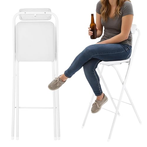 Barhocker Klappbar, Sitzhöhe 50/60/70/80/90cm, Runder Küche Frühstück Stuhl, Tragbarer Klapphocker Mit Rückenlehne, Stehstuhl Für Kleine Bars, Büros, Gitarrentische, Theken(White,H55cm) von WORDFUN