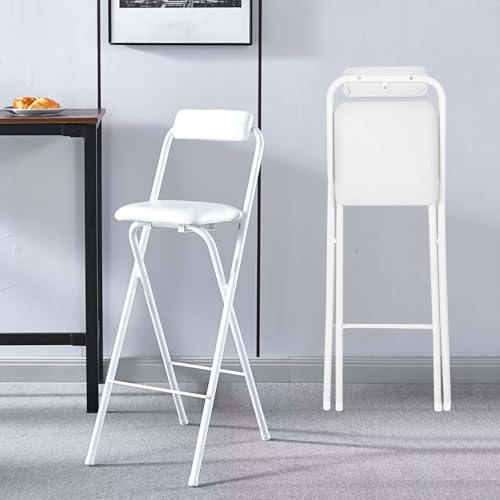 Barhocker Klappbar Mit Rückenlehne, Runder Gepolsterter Frühstücksstuhl, Tragbarer Hocker Klappstuhl, Belastbarkeit 150 Kg, Metallhocker Für Erwachsene, 50/55/60/65/70/75 cm Sitzhöhe(White,H75cm) von WORDFUN