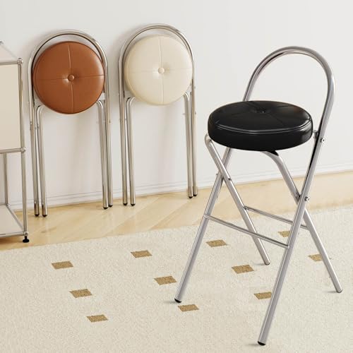 Barhocker Klappbarer Gepolsterter Stuhl, Runder Küche Frühstück Stuhl Mit Fußstütze, Belastbar Bis 150kg, Sitzhöhe 45/65/75cm, Für Garten Camping Angeln Grillen Bürohocker(Black,H45cm) von WORDFUN