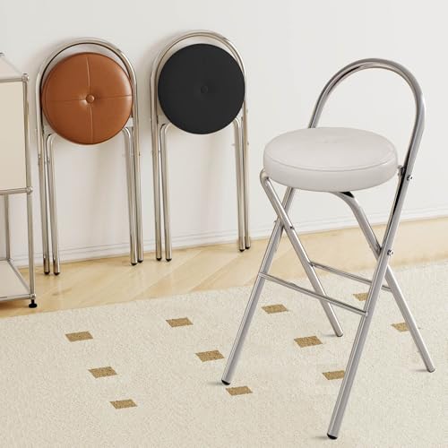 Barhocker Klappbarer Gepolsterter Stuhl, Runder Küche Frühstück Stuhl Mit Fußstütze, Belastbar Bis 150kg, Sitzhöhe 45/65/75cm, Für Garten Camping Angeln Grillen Bürohocker(White,H65cm) von WORDFUN