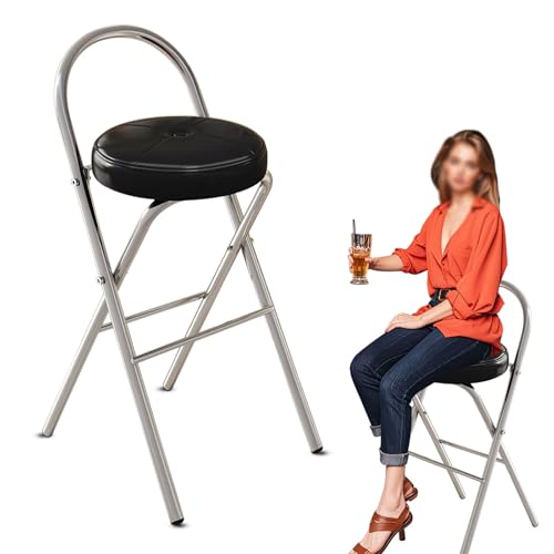 Faltbarer Barhocker Rund Gepolsterter, Tragbarer Klapphocker Mit Fußstütze, 45/65/75 cm Sitzhöhe Küchenstühle, Klappstuhl, Metallhocker, Für Küche, Balkon, Bistro, Garten(Black,H45cm) von WORDFUN