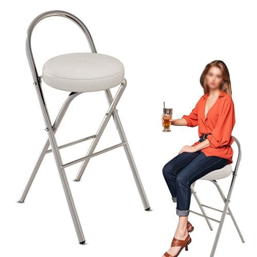 Faltbarer Barhocker Rund Gepolsterter, Tragbarer Klapphocker Mit Fußstütze, 45/65/75 cm Sitzhöhe Küchenstühle, Klappstuhl, Metallhocker, Für Küche, Balkon, Bistro, Garten(White,H45cm) von WORDFUN