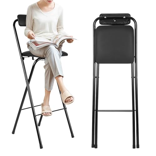 Klappbarer Barhocker, Tragbarer Küchenstühle Mit Rückenlehne, Rund Gepolsterter Hochstuhl Für Erwachsene, Metallhocker Für Indoor Outdoor Küche Bars Bistro Camping, Platzsparend(Black,H55cm) von WORDFUN