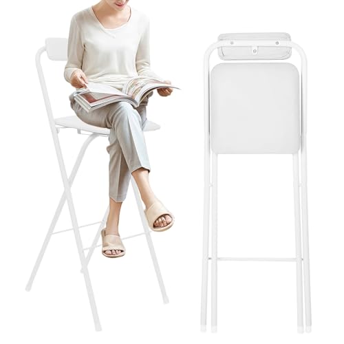 Klappbarer Barhocker, Tragbarer Küchenstühle Mit Rückenlehne, Rund Gepolsterter Hochstuhl Für Erwachsene, Metallhocker Für Indoor Outdoor Küche Bars Bistro Camping, Platzsparend(White,H55cm) von WORDFUN
