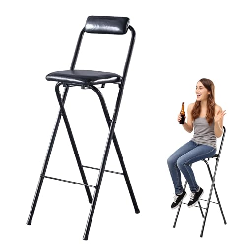 Klappbarer Barhocker Hoch Mit Lehne, 50~90cm Sitzhöhe, Belastbarkeit 150 Kg, Runder Gepolsterter Frühstücksstuhl, Tragbarer Klappstuhl, Für Bar Küche Balkon Oder Outdoor(Black,H80cm) von WORDFUN