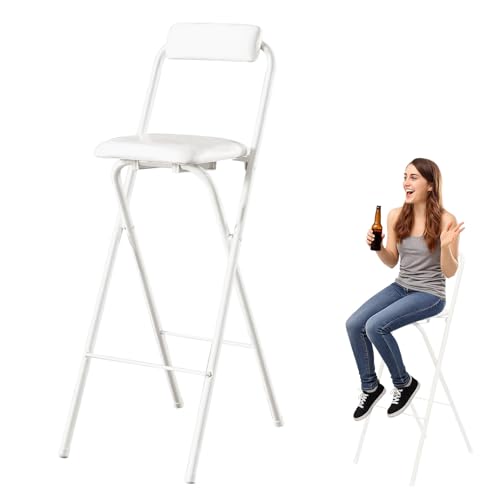 Klappbarer Barhocker Hoch Mit Lehne, 50~90cm Sitzhöhe, Belastbarkeit 150 Kg, Runder Gepolsterter Frühstücksstuhl, Tragbarer Klappstuhl, Für Bar Küche Balkon Oder Outdoor(White,H80cm) von WORDFUN