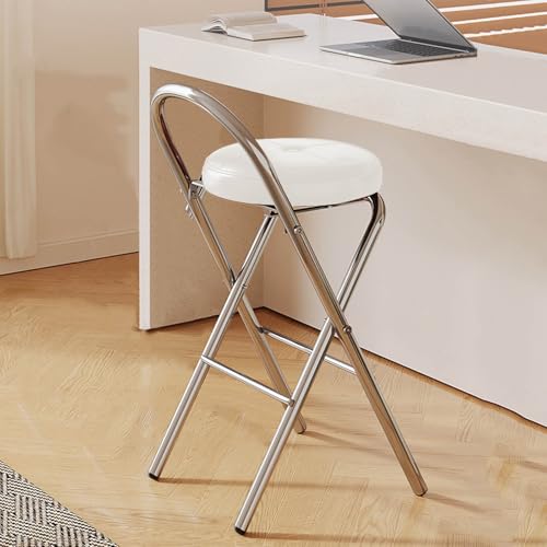 Klapphocker Mit Fußablage, Klappbarer Küchen Barhocker, Tragbarer Runder Gepolsterter Frühstückshocker, Kein Zusammenbau Erforderlich, Belastbarkeit 150 Kg, 45/65/75cm Sitzhöhe(White,H45cm) von WORDFUN