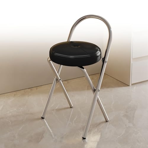 Runder Gepolsterter Klappbarer Barhocker, Sitzhöhe 45/65/75cm, Metall Tresenhocker Faltbar, Belastbarkeit 150 Kg, Tragbarer Klappstuhl, Küchenstühle, Frühstücksstuhl, Platzsparend(Black,H75cm) von WORDFUN