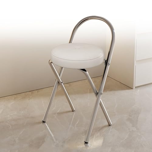 Runder Gepolsterter Klappbarer Barhocker, Sitzhöhe 45/65/75cm, Metall Tresenhocker Faltbar, Belastbarkeit 150 Kg, Tragbarer Klappstuhl, Küchenstühle, Frühstücksstuhl, Platzsparend(White,H45cm) von WORDFUN