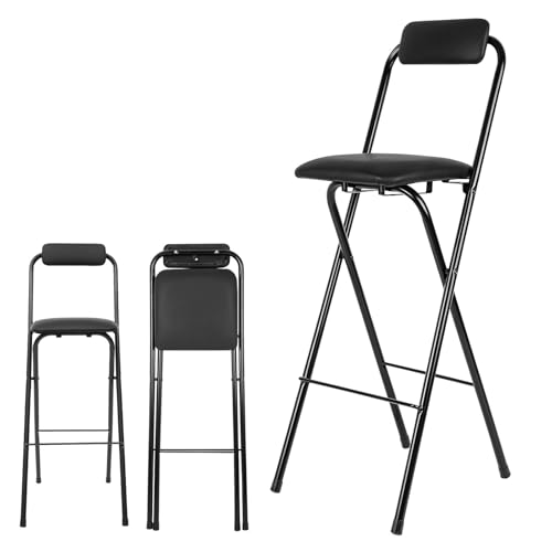 Tragbarer Klappbar Küchenstuhl, Runder Gepolsterter Metall Tresenhocker, FaltBar Hocker Mit Rückenlehne & Fußstütze, 50 60 75 90cm Sitzhöhe, Für Küche Balkon Oder Outdoor(Black,H60cm) von WORDFUN
