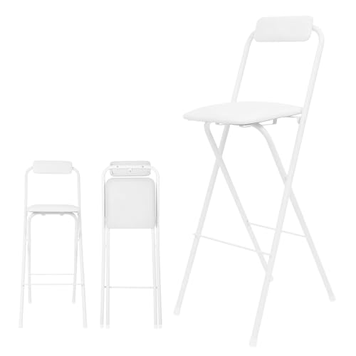 Tragbarer Klappbar Küchenstuhl, Runder Gepolsterter Metall Tresenhocker, FaltBar Hocker Mit Rückenlehne & Fußstütze, 50 60 75 90cm Sitzhöhe, Für Küche Balkon Oder Outdoor(White,H60cm) von WORDFUN