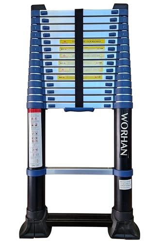 WORHAN 4.4m Teleskopleiter mit EINZIEHBARE STABILISATOREN Integrierte Abstandshalterfunktion Aluleiter Alu Teleskop Leiter Multifunktions Leiter 440cm 1K4.4 von WORHAN