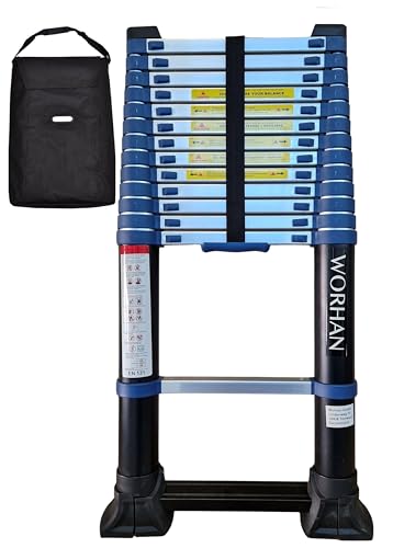 WORHAN 4.1m Teleskopleiter mit EINZIEHBARE STABILISATOREN Integrierte Abstandshalterfunktion Aluleiter Alu Teleskop Leiter Multifunktions Leiter 410cm 1K4.1+Bag von WORHAN