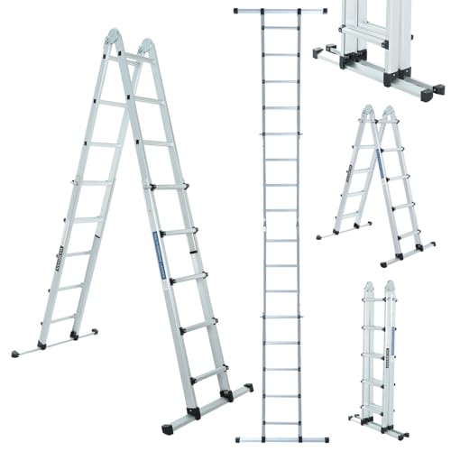 WORHAN Leiter 555cm Aluminium Teleskopleiter Klappleiter Anlegeleiter Ausziehbare Trittleiter mit Stabilisatorstange Vielseitige Multifunktionsleiter LG5.5 von WORHAN