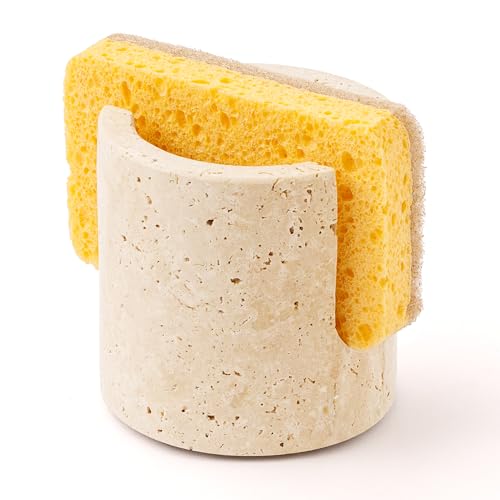 WORHE Travertin-Schwammhalter für Küche, Naturstein, Trockengestell, Bürstenhalter für Badezimmer, Küche, Spüle – schnell absorbierender Geschirrschwamm-Caddy robust und stilvoll Spülbecken-Zubehör von WORHE