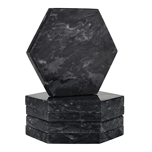 WORHE Untersetzer aus Schwarz Marmor, Marmor Glas Untersetzer-Set 5er, Absorbierender Untersetzer mit Korkboden und Halter, Getränk Untersetzer for Bar, Cafe, Home, Party, Office (DL014) von WORHE