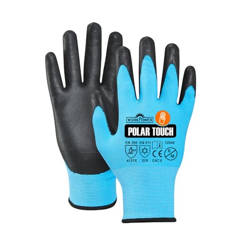 WORKPOWER Arbeitshandschuhe Herren Winter Polar Touch - Montagehandschuhe aus Nylon - Winter-Arbeitshandschuhe Männer mit PPU-Beschichtung - Forsthandschuhe mit Touchscreenfinger - blau/anthrazit von WORKPOWER