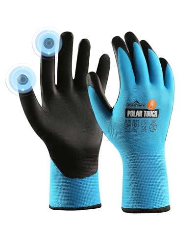 WORKPOWER Arbeitshandschuhe Herren Winter Polar Touch - Montagehandschuhe aus Nylon - Winter-Arbeitshandschuhe Männer mit PPU-Beschichtung - Forsthandschuhe mit Touchscreenfinger - blau/anthrazit von WORKPOWER