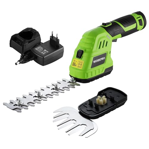 WORKPRO 12V Strauchschere Akku 2-in-1 Grün, handliche Grasschere mit 2 Messern, 2Ah Akku und Ladegerät, elektrische Heckenschere Rasentrimmer für Gartenarbeit, Schnittbreite 12,5cm, Schnittlänge 16cm von WORKPRO