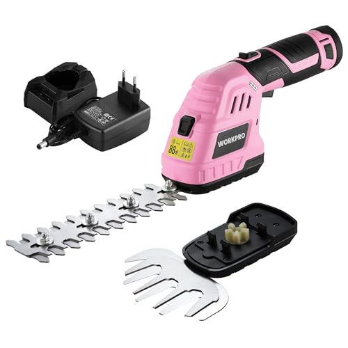 WORKPRO 12V Strauchschere Akku 2-in-1 Rosa, handliche Grasschere mit 2 Messern, 2Ah Akku und Ladegerät, elektrische Heckenschere Rasentrimmer für Gartenarbeit, Schnittbreite 12,5cm, Schnittlänge 16cm von WORKPRO